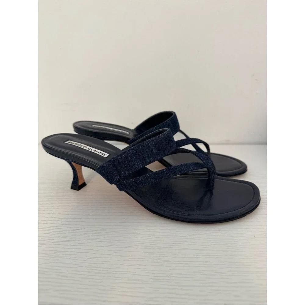 Manolo Blahnik Blue Susa Denim Low Kitten Heel Open Toe Sandals EU 40 Authentic